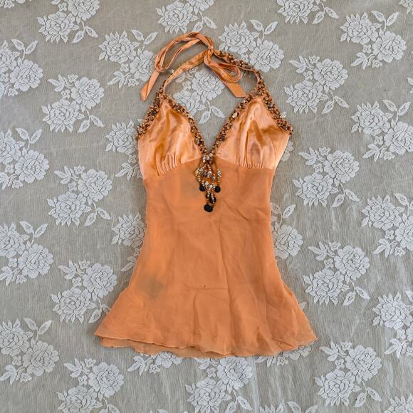 bebe Tops - Vintage Y2K Bebe Orange Silk Beaded Halter Top Size Small